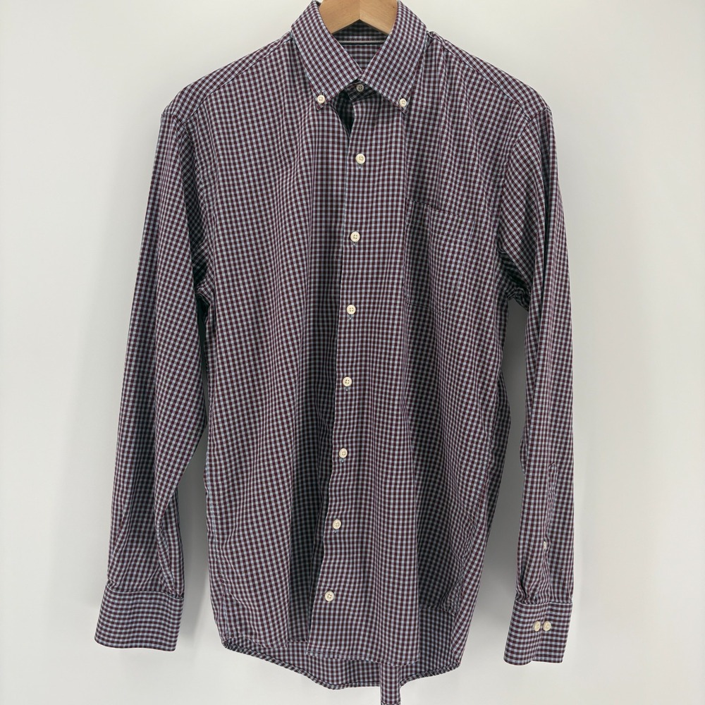 Peter Millar Shirt Medium Blue/Red Brown Check Crown Soft Silk Blend Button Up